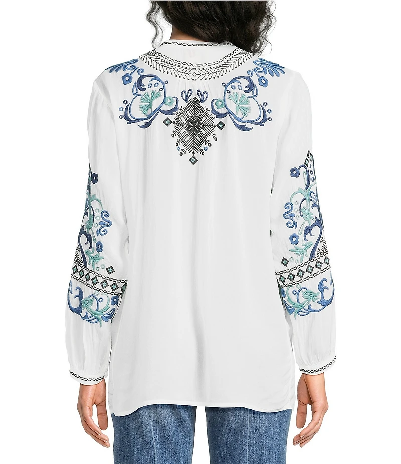 JOHNNY WAS Romilly Embroidered Scrolling Pattern Band Collar Button Half-Placket Long Sleeve Tunic