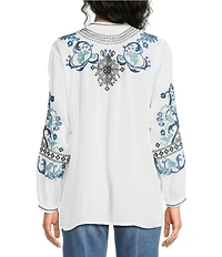 JOHNNY WAS Romilly Embroidered Scrolling Pattern Band Collar Button Half-Placket Long Sleeve Tunic