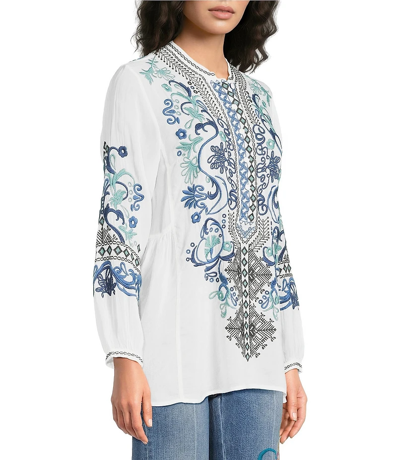 JOHNNY WAS Romilly Embroidered Scrolling Pattern Band Collar Button Half-Placket Long Sleeve Tunic