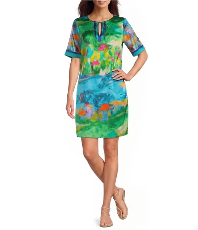 JOHNNY WAS Roseum Torenia Scarf Print Split V-Neck Tassel Short Sleeve Dress