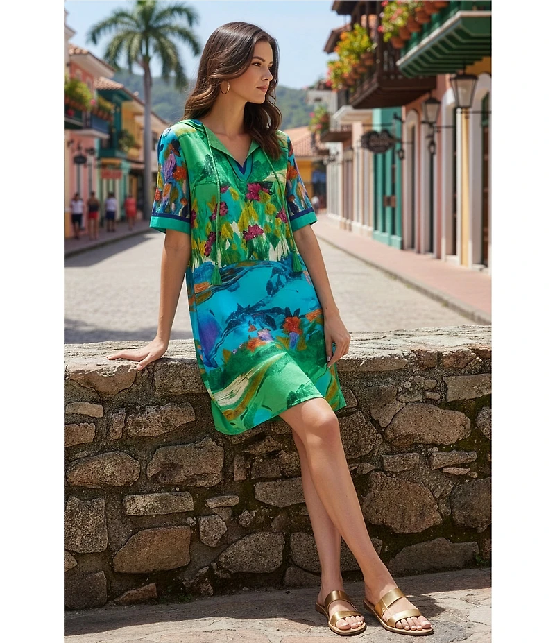 JOHNNY WAS Roseum Torenia Scarf Print Split V-Neck Tassel Short Sleeve Dress