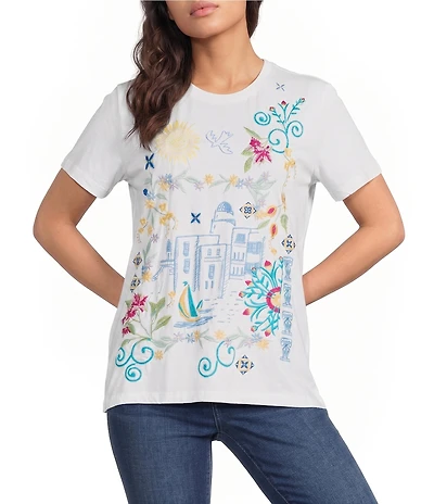 JOHNNY WAS Santorini Coastline Embroidered Crew Neck Short Sleeve Tee