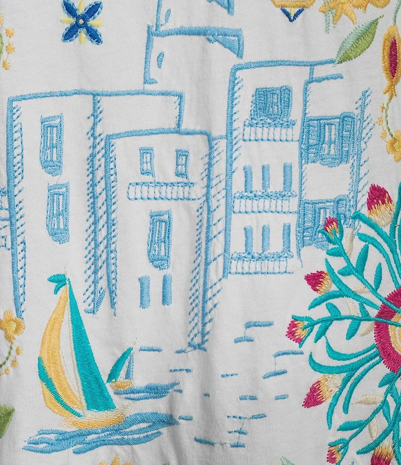 JOHNNY WAS Santorini Coastline Embroidered Crew Neck Short Sleeve Tee