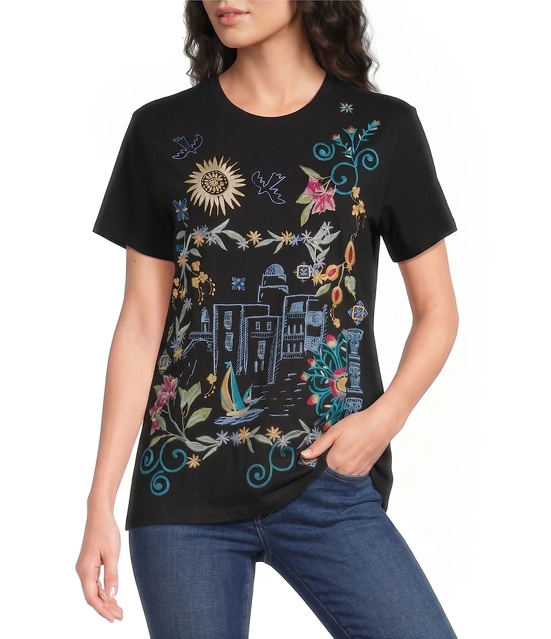 JOHNNY WAS Santorini Coastline Embroidered Crew Neck Short Sleeve Tee