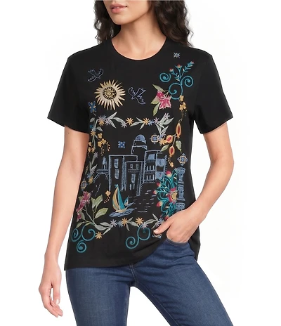 JOHNNY WAS Santorini Coastline Embroidered Crew Neck Short Sleeve Tee