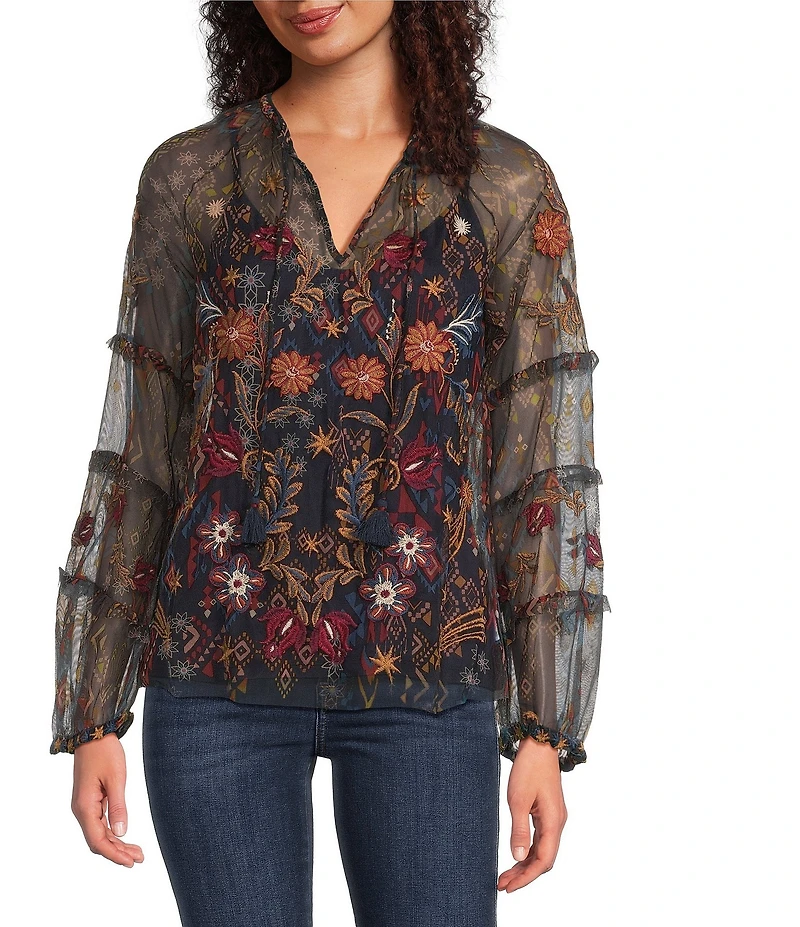 JOHNNY WAS Saphire Embroidered Floral Print Mesh V-Neck Long Sleeve Blouse