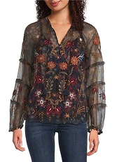 JOHNNY WAS Saphire Embroidered Floral Print Mesh V-Neck Long Sleeve Blouse