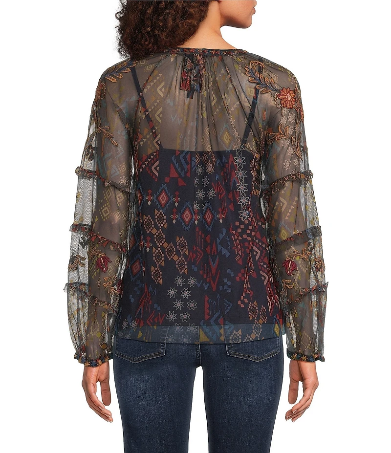 JOHNNY WAS Saphire Embroidered Floral Print Mesh V-Neck Long Sleeve Blouse