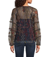 JOHNNY WAS Saphire Embroidered Floral Print Mesh V-Neck Long Sleeve Blouse