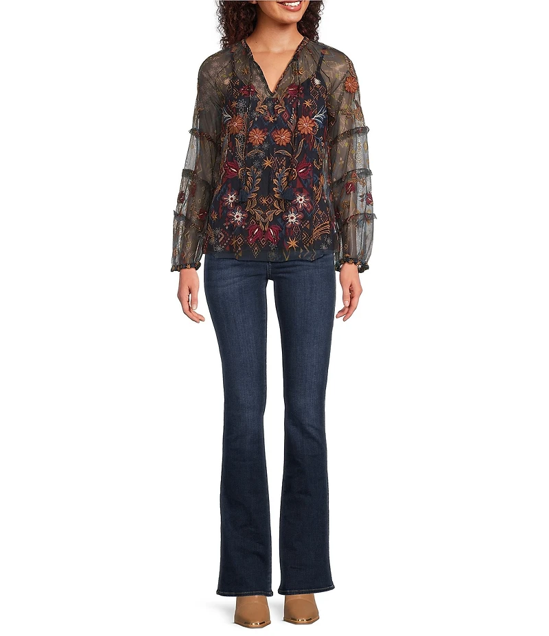 JOHNNY WAS Saphire Embroidered Floral Print Mesh V-Neck Long Sleeve Blouse