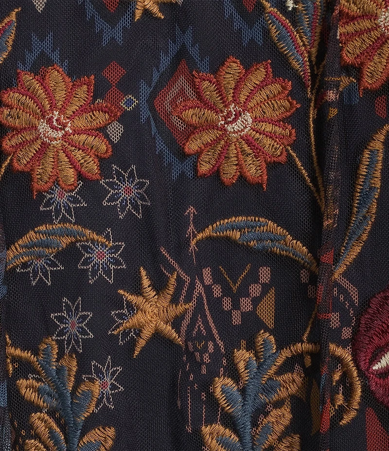 JOHNNY WAS Saphire Embroidered Floral Print Mesh V-Neck Long Sleeve Blouse