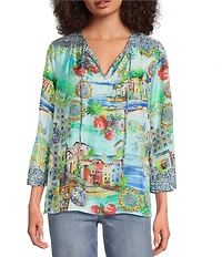 JOHNNY WAS Scenic Print Silk Split V-Neck 3/4 Sleeve Flowy Blouse