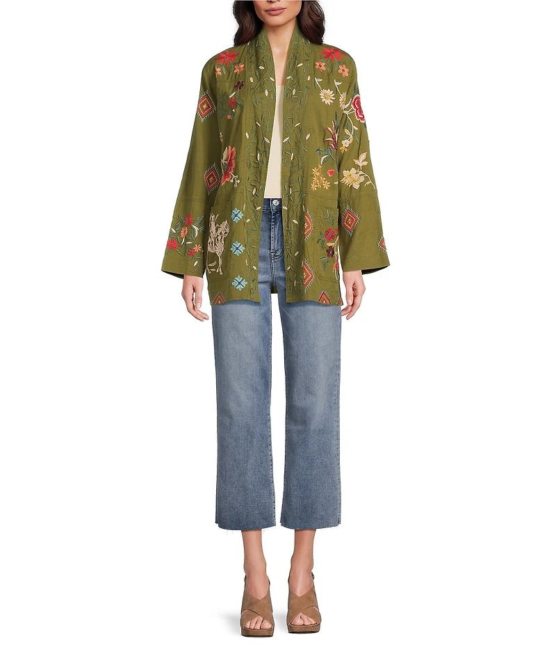 JOHNNY WAS Shawl Collar Long Sleeve Belted Embroidered Jacket