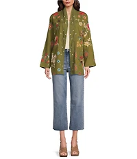 JOHNNY WAS Shawl Collar Long Sleeve Belted Embroidered Jacket