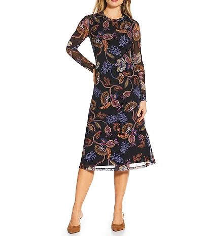 JOHNNY WAS Shelly Floral Printed Mesh Crew Neck Long Sleeve Asymmetrical Midi Dress