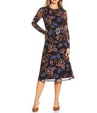 JOHNNY WAS Shelly Floral Printed Mesh Crew Neck Long Sleeve Asymmetrical Midi Dress