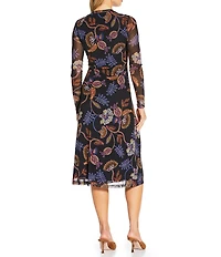JOHNNY WAS Shelly Floral Printed Mesh Crew Neck Long Sleeve Asymmetrical Midi Dress