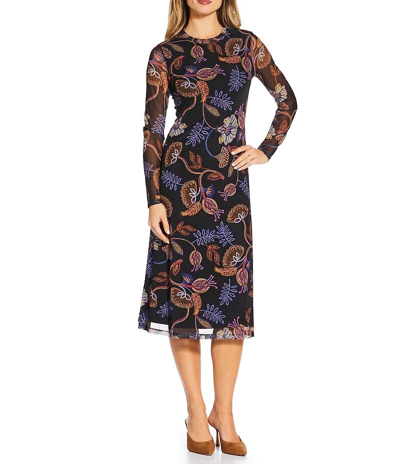 JOHNNY WAS Shelly Floral Printed Mesh Crew Neck Long Sleeve Asymmetrical Midi Dress