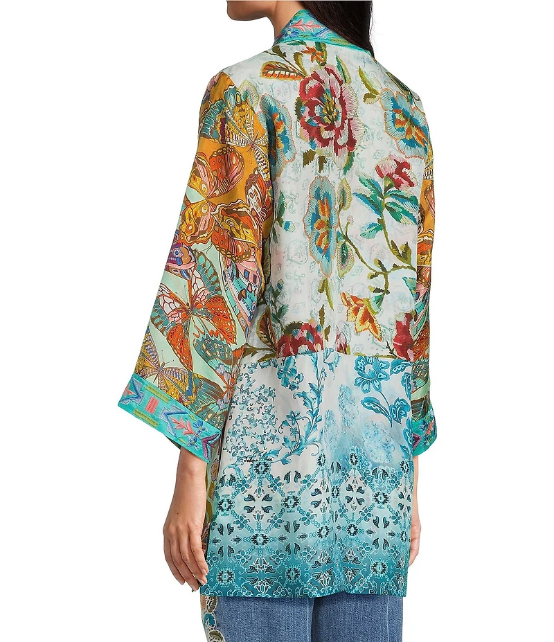 JOHNNY WAS Silk Filaree Gillian Mix Reversible Print Coordinating Open Front 3/4 Sleeve Kimono