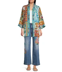 JOHNNY WAS Silk Filaree Gillian Mix Reversible Print Coordinating Open Front 3/4 Sleeve Kimono