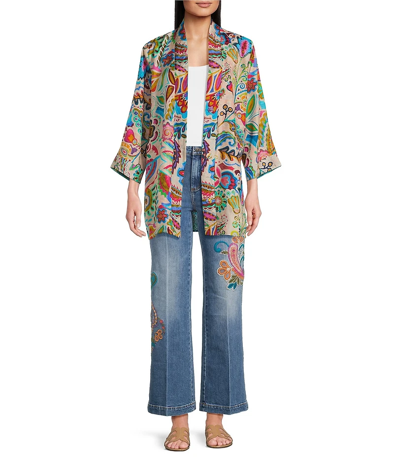 JOHNNY WAS Silk Filaree Gillian Mix Reversible Print Coordinating Open Front 3/4 Sleeve Kimono