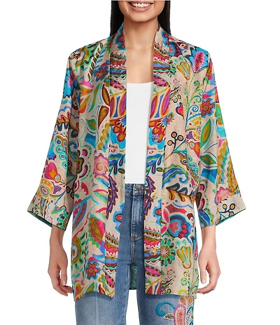 JOHNNY WAS Silk Filaree Gillian Mix Reversible Print Coordinating Open Front 3/4 Sleeve Kimono