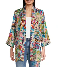 JOHNNY WAS Silk Filaree Gillian Mix Reversible Print Coordinating Open Front 3/4 Sleeve Kimono
