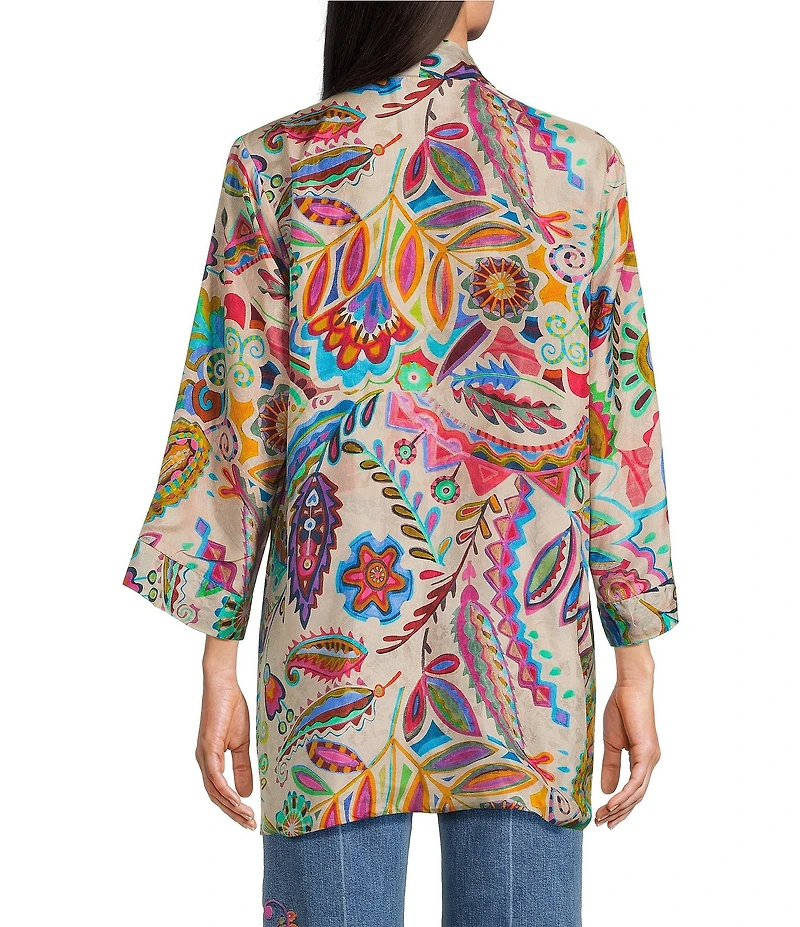 JOHNNY WAS Silk Filaree Gillian Mix Reversible Print Coordinating Open Front 3/4 Sleeve Kimono
