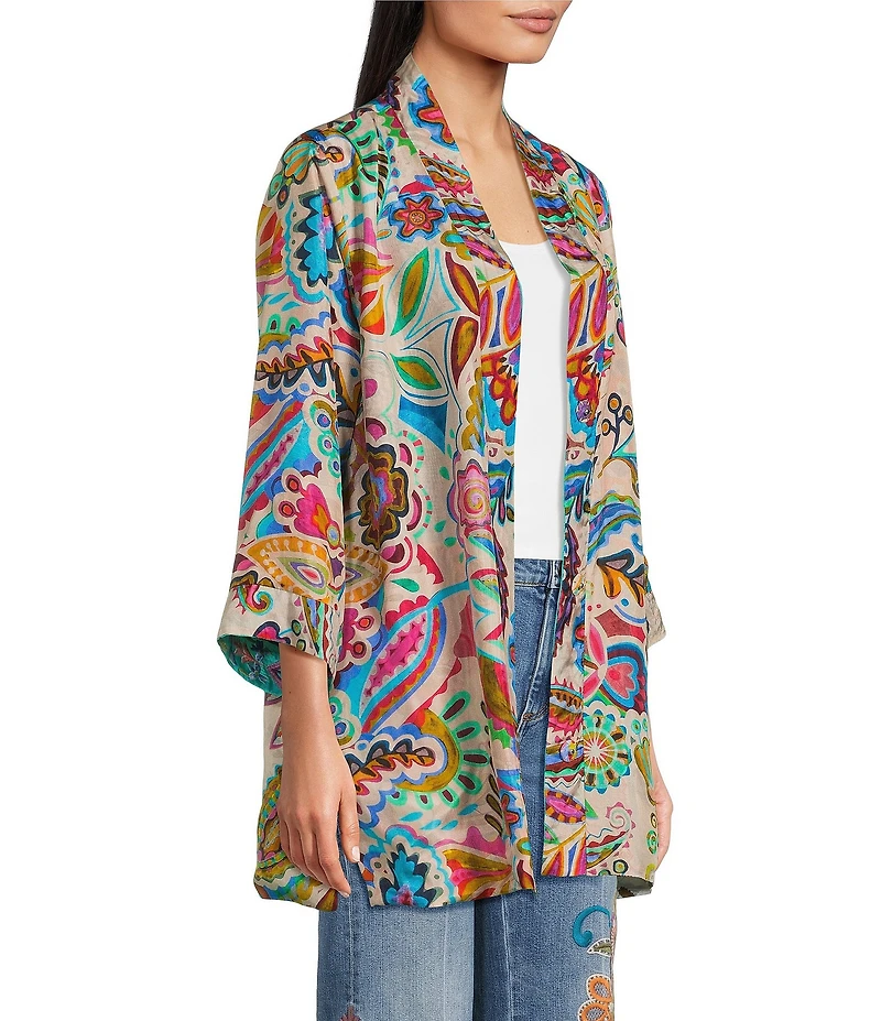 JOHNNY WAS Silk Filaree Gillian Mix Reversible Print Coordinating Open Front 3/4 Sleeve Kimono