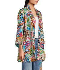 JOHNNY WAS Silk Filaree Gillian Mix Reversible Print Coordinating Open Front 3/4 Sleeve Kimono