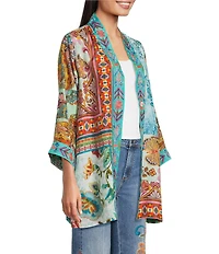 JOHNNY WAS Silk Filaree Gillian Mix Reversible Print Coordinating Open Front 3/4 Sleeve Kimono