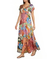 JOHNNY WAS Silk Magnolia Patchwork V-Neck Short Sleeve Maxi Dress