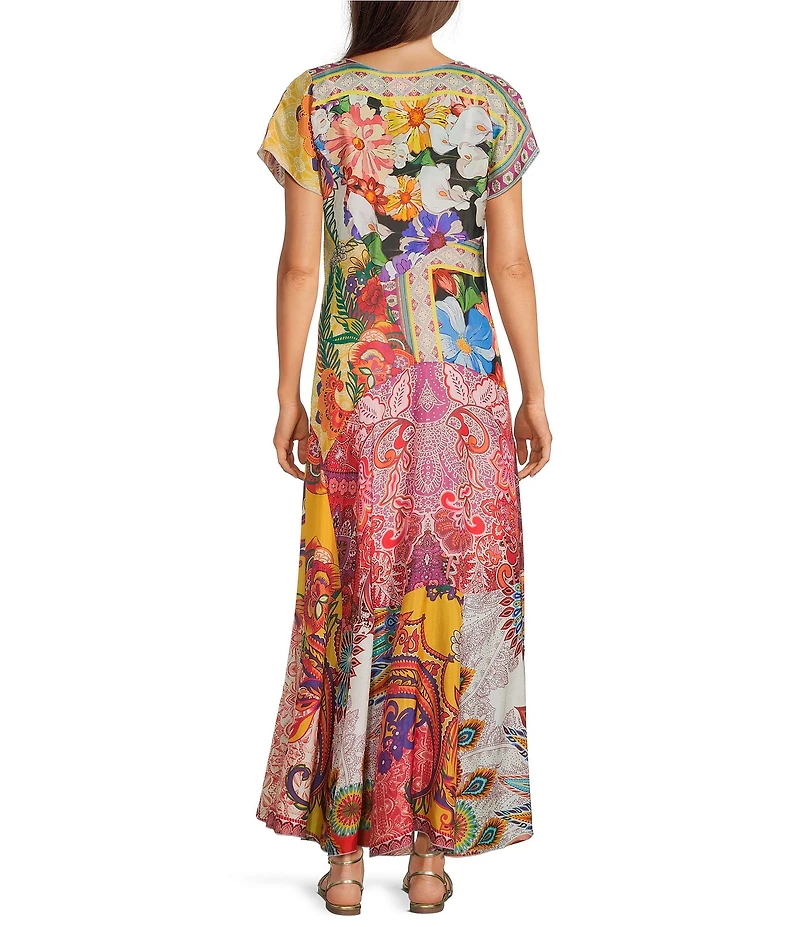 JOHNNY WAS Silk Magnolia Patchwork V-Neck Short Sleeve Maxi Dress