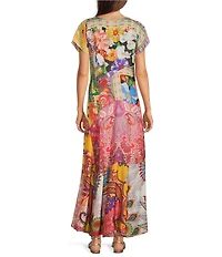 JOHNNY WAS Silk Magnolia Patchwork V-Neck Short Sleeve Maxi Dress