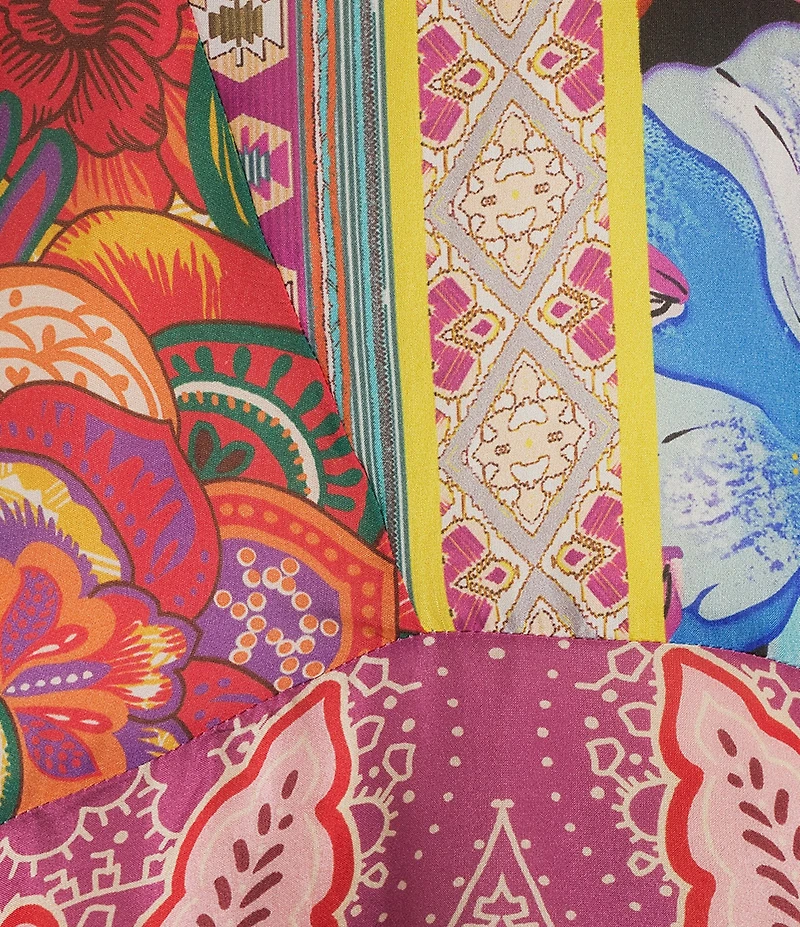 JOHNNY WAS Silk Magnolia Patchwork V-Neck Short Sleeve Maxi Dress