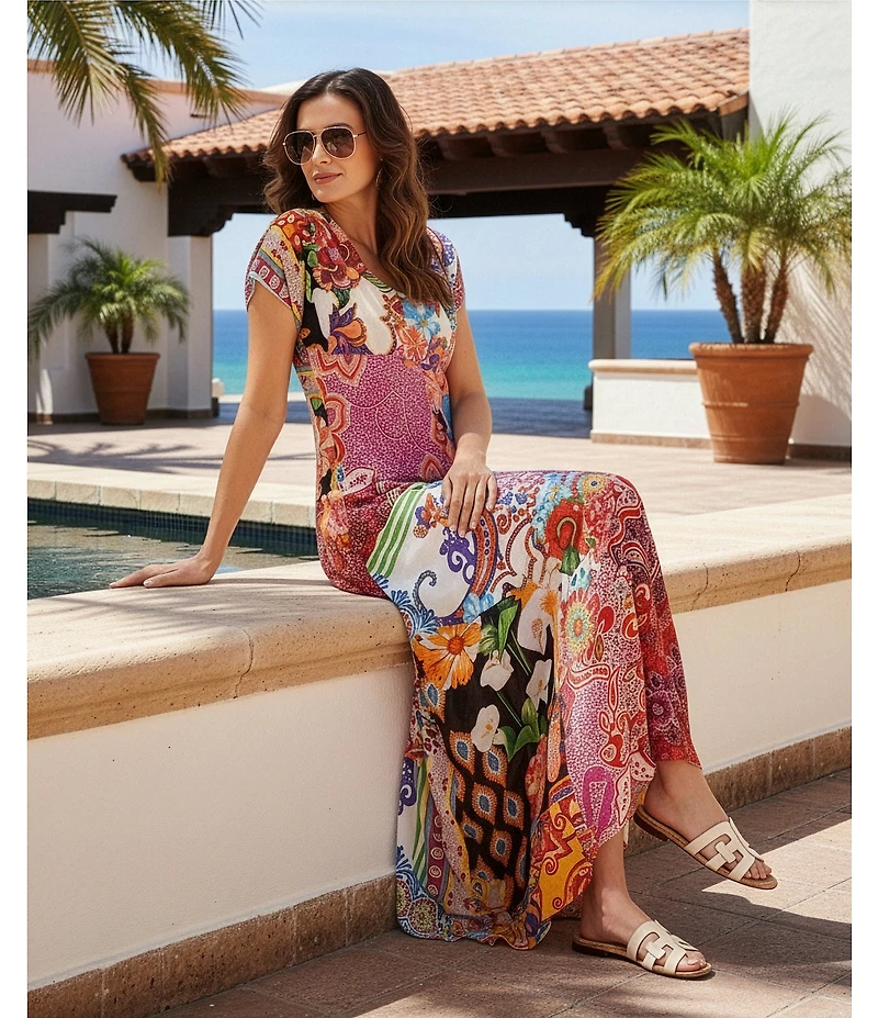 JOHNNY WAS Silk Magnolia Patchwork V-Neck Short Sleeve Maxi Dress