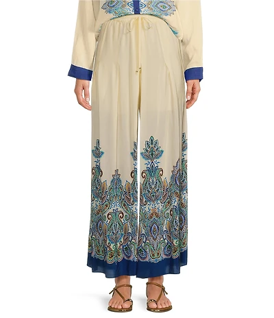 JOHNNY WAS Silk Printed Pleated Wide Leg Pull-On Pants