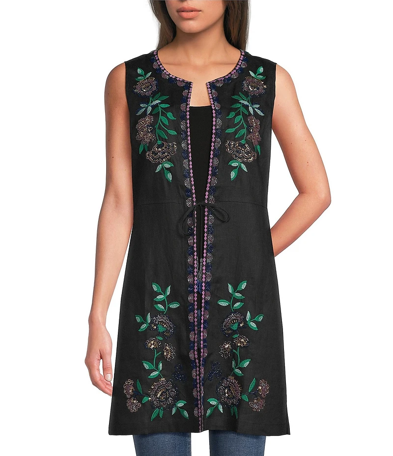 JOHNNY WAS Sloan Placement Embroidered Floral Round Neck Sleeveless Tie Front Vest