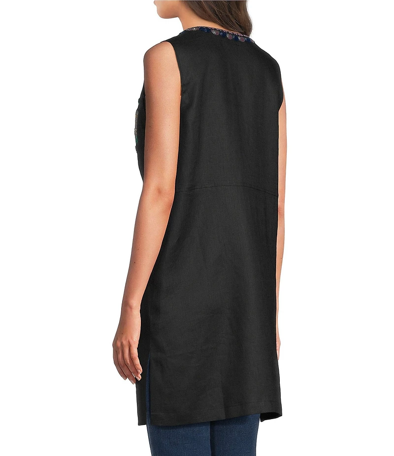 JOHNNY WAS Sloan Placement Embroidered Floral Round Neck Sleeveless Tie Front Vest