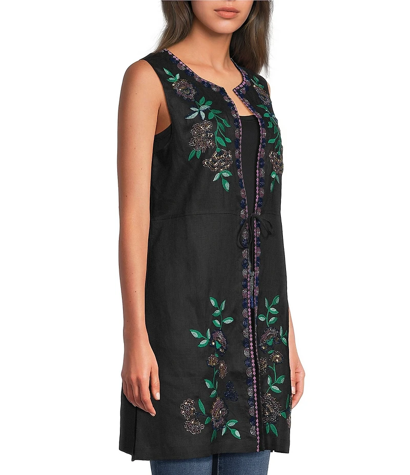 JOHNNY WAS Sloan Placement Embroidered Floral Round Neck Sleeveless Tie Front Vest