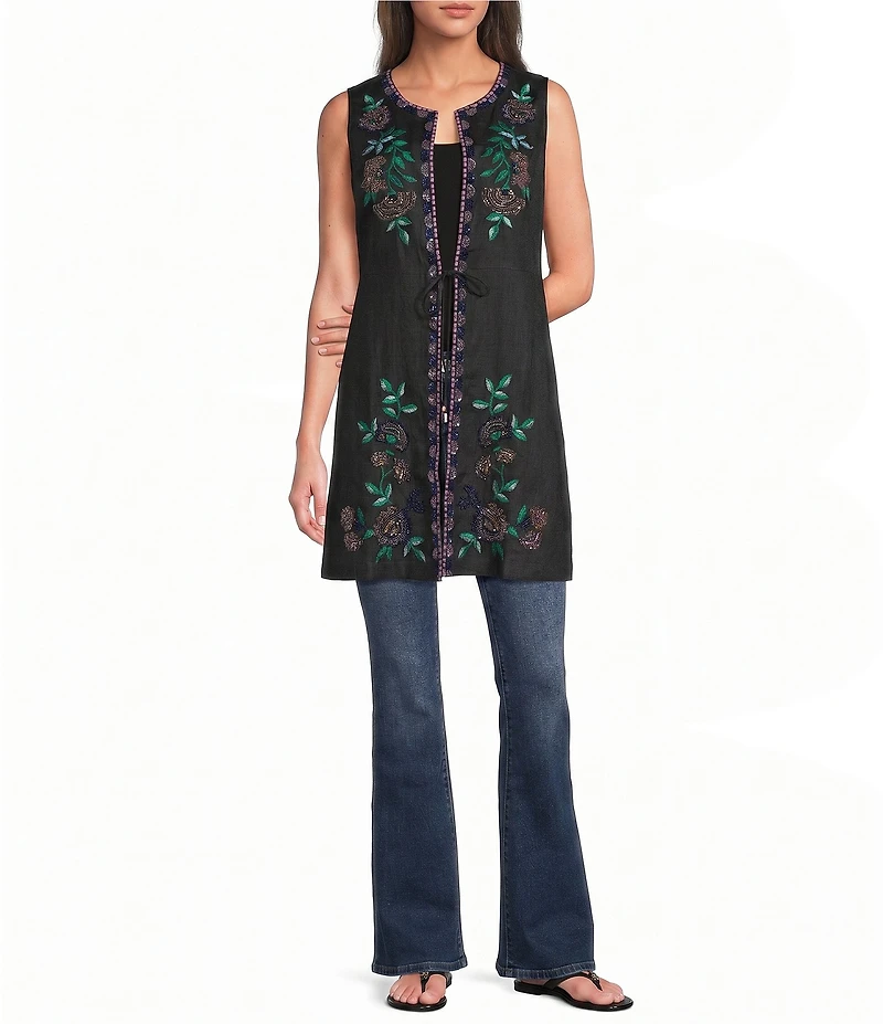 JOHNNY WAS Sloan Placement Embroidered Floral Round Neck Sleeveless Tie Front Vest