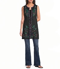 JOHNNY WAS Sloan Placement Embroidered Floral Round Neck Sleeveless Tie Front Vest