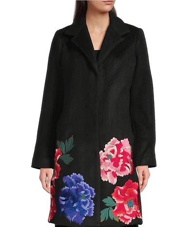 JOHNNY WAS Sondra Floral Embroidered Wool Notch Lapel Long Sleeve Coat