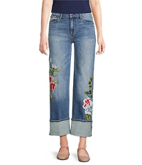 JOHNNY WAS Stretch Denim Floral Embroidered Wide Leg Cuffed Ankle Jeans