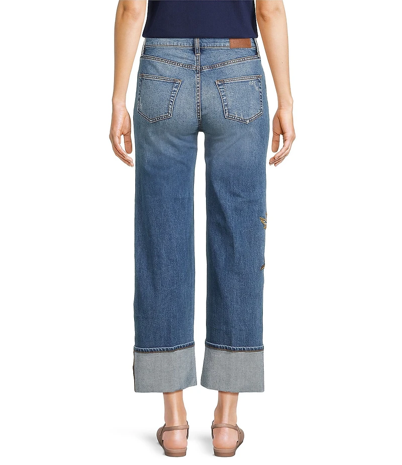 JOHNNY WAS Stretch Denim Floral Embroidered Wide Leg Cuffed Ankle Jeans