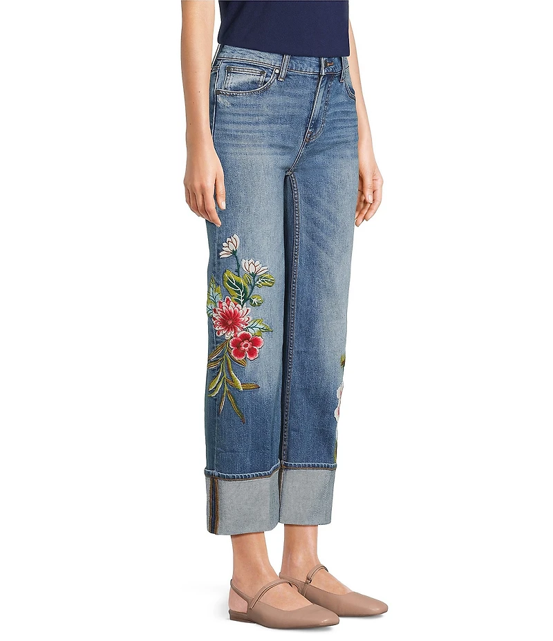 JOHNNY WAS Stretch Denim Floral Embroidered Wide Leg Cuffed Ankle Jeans