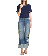 JOHNNY WAS Stretch Denim Floral Embroidered Wide Leg Cuffed Ankle Jeans