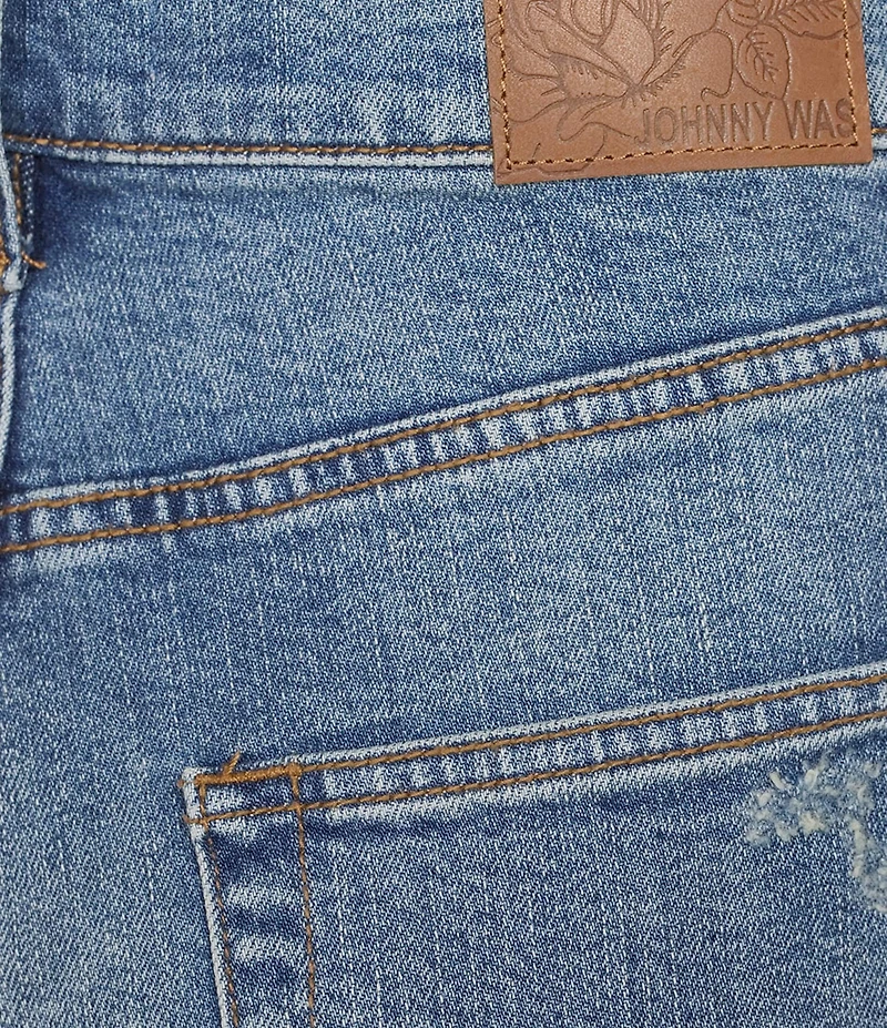 JOHNNY WAS Stretch Denim Floral Embroidered Wide Leg Cuffed Ankle Jeans