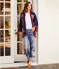 JOHNNY WAS Stretch Denim Floral Embroidered Wide Leg Cuffed Ankle Jeans