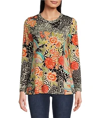 JOHNNY WAS Sunrise Favorite Patchwork Floral Geo Print Long Sleeve Tee Shirt